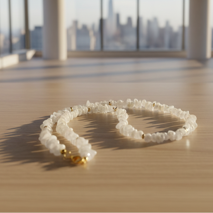 Necklace with white beads and gold accents on a light gray background