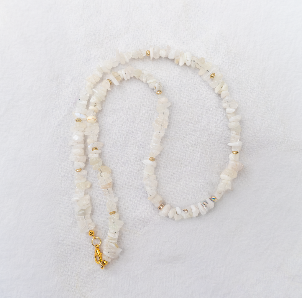 Natural Moonstone Chip Necklace with Gold Accents