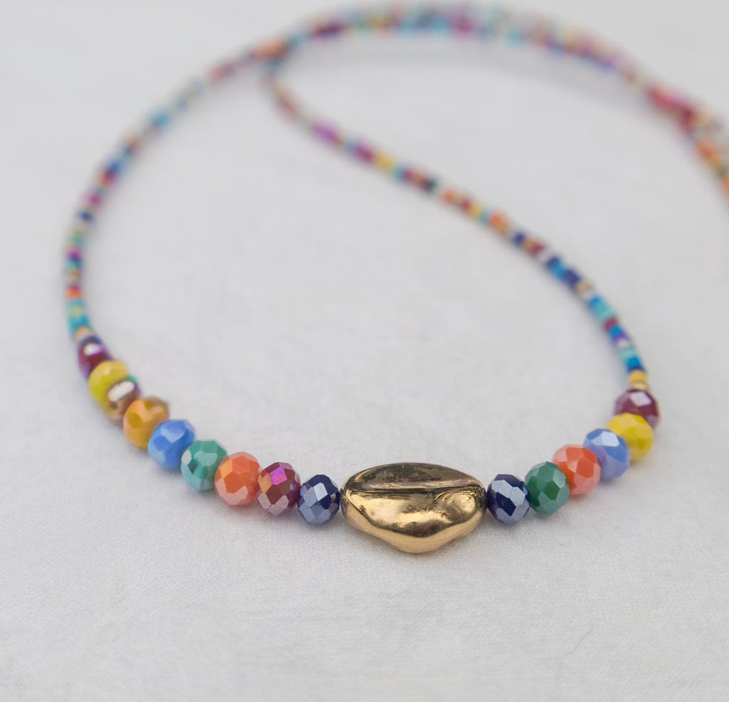 Rainbow Seed Bead Double Strand Necklace with Gold Bead