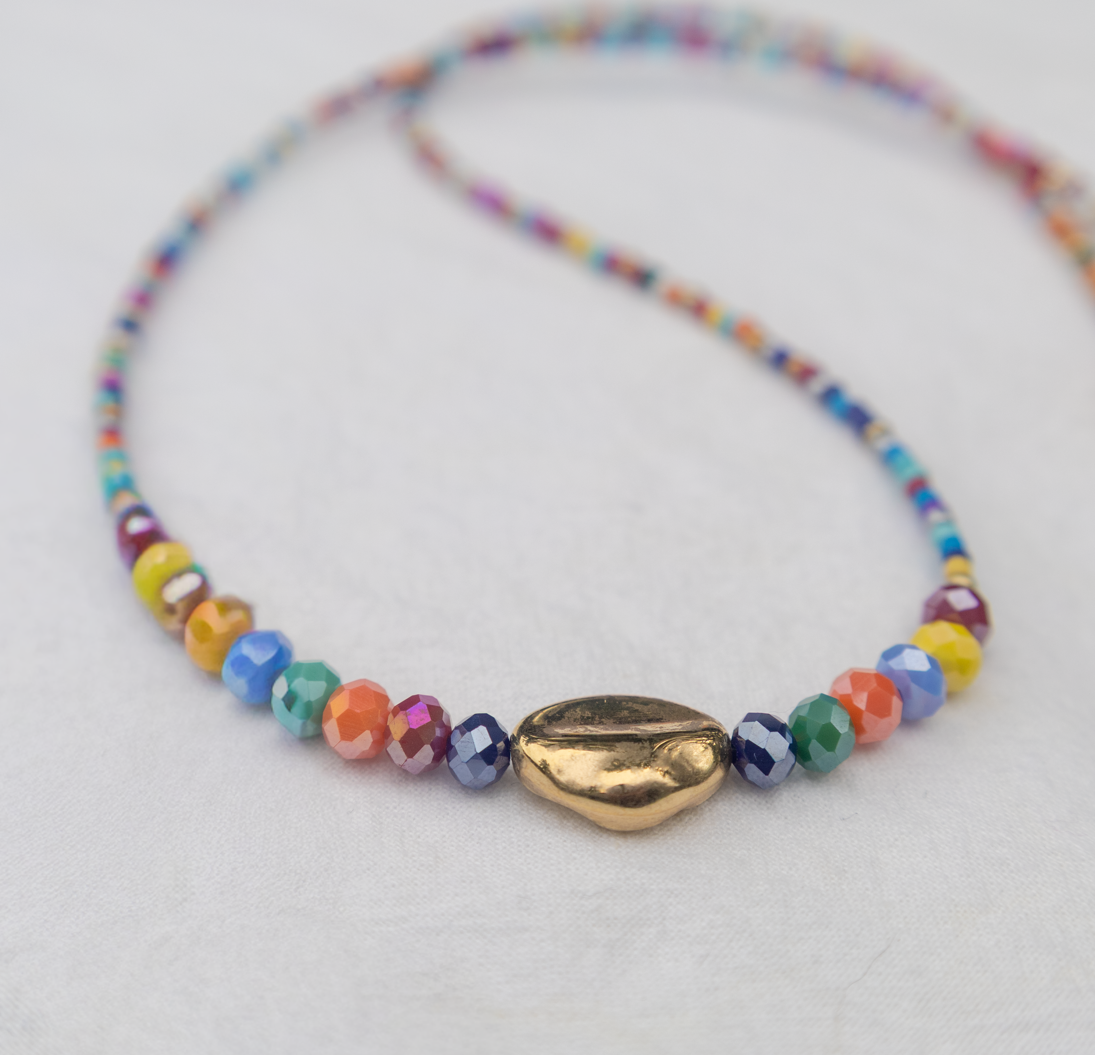 Rainbow Seed Bead Double Strand Necklace with Gold Bead