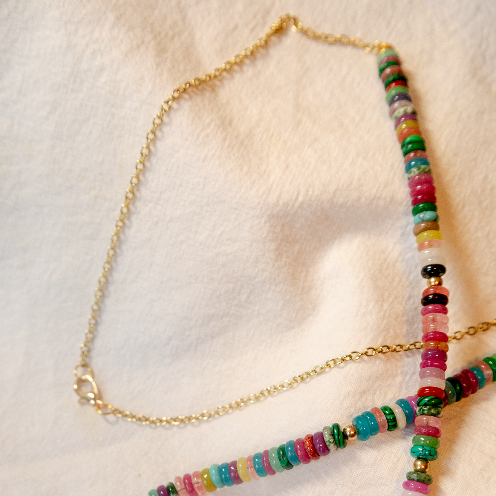 Rainbow Heishi Bead Rose Quartz Heart Necklace