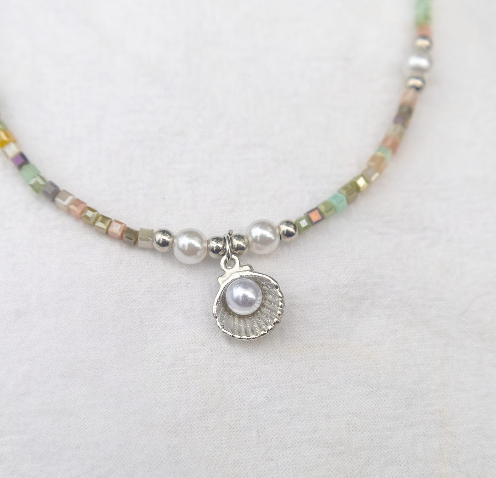Pastel Cube Bead & Pearl Lariat Necklace