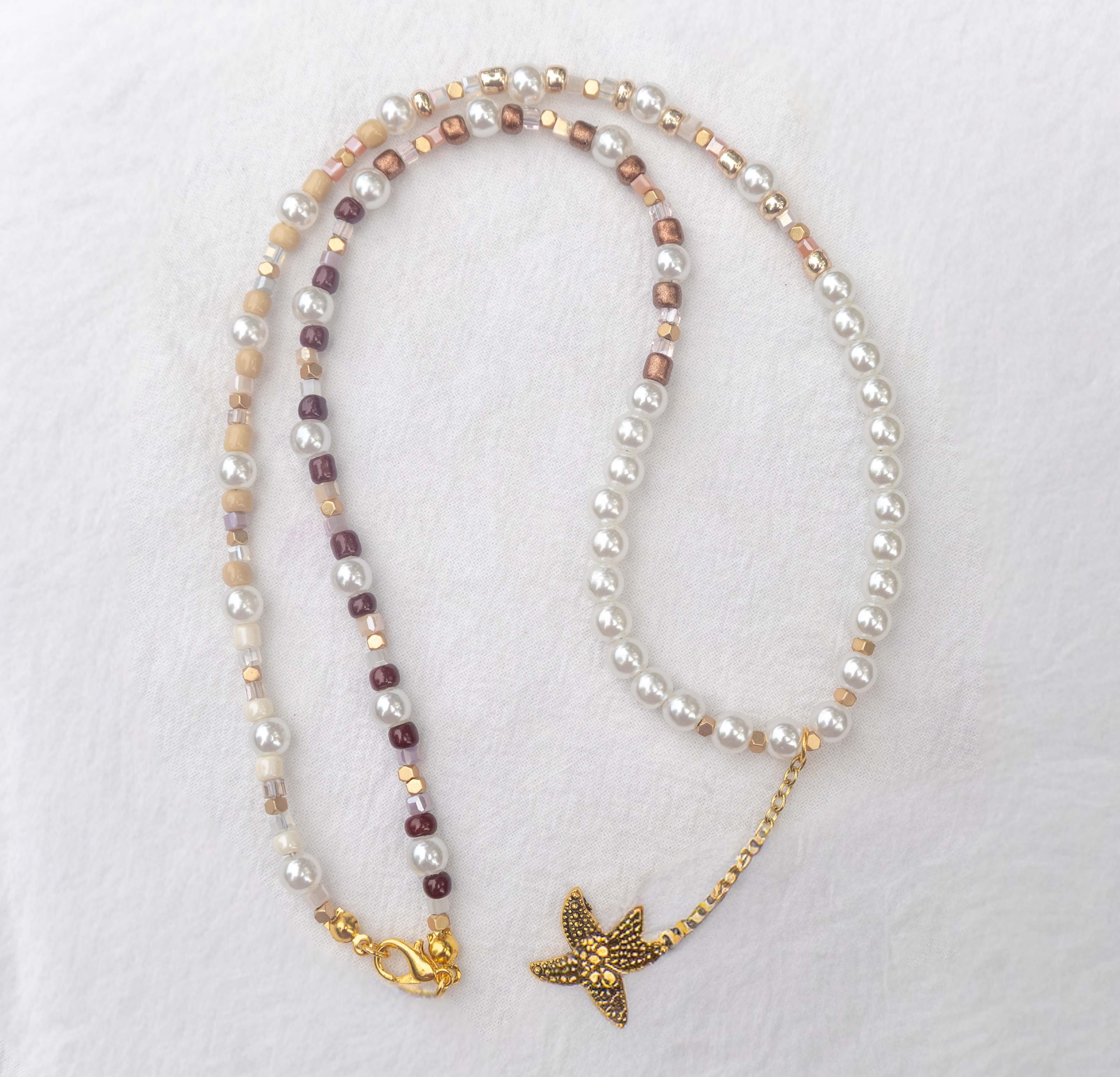 Pearl & Mixed Gemstone Gold Starfish Pendant Necklace
