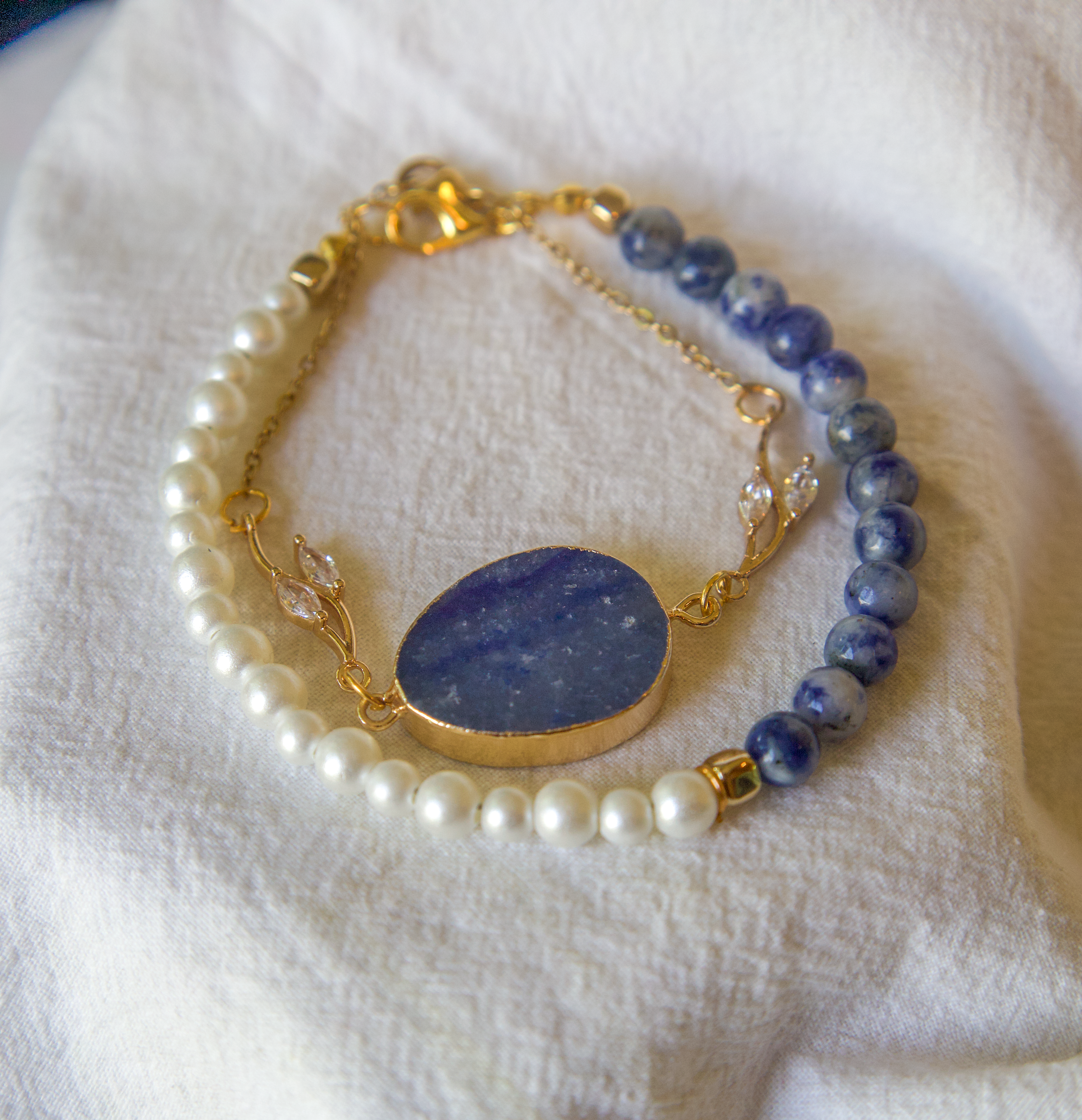 Sodalite Druzy & Pearl Gold Chain Bracelet Set