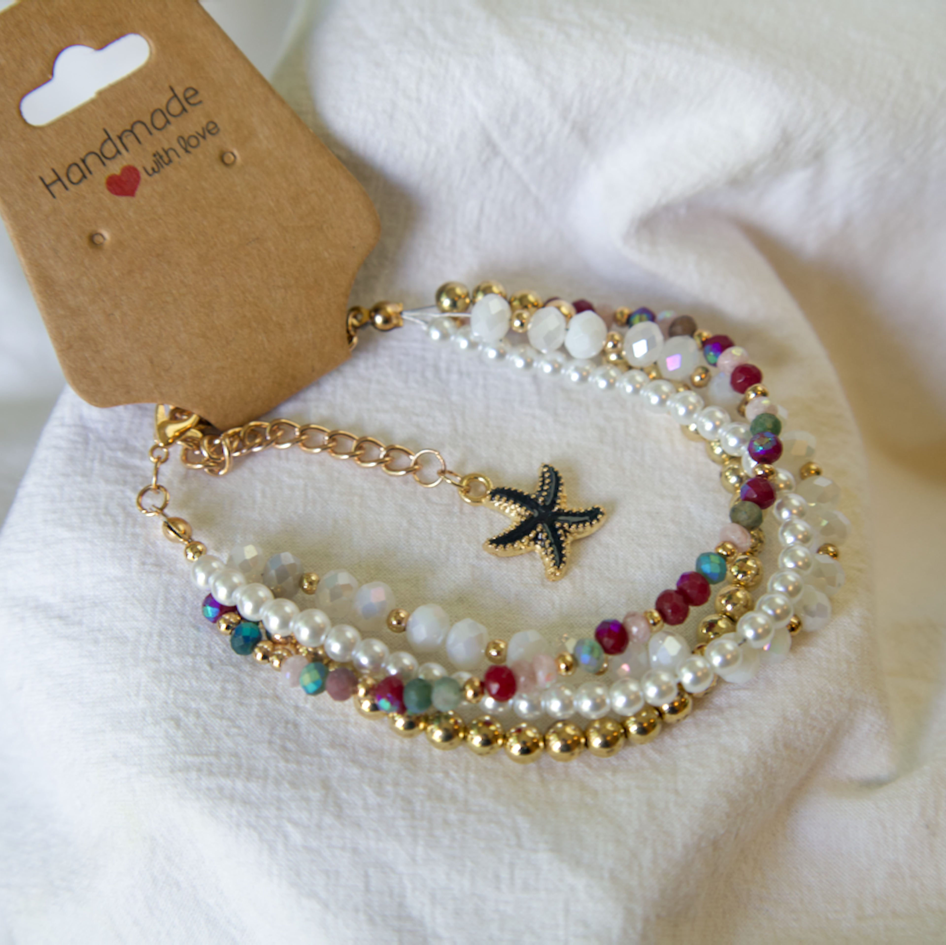 Pearl & Crystal Starfish Charm Multi-Strand Bracelet