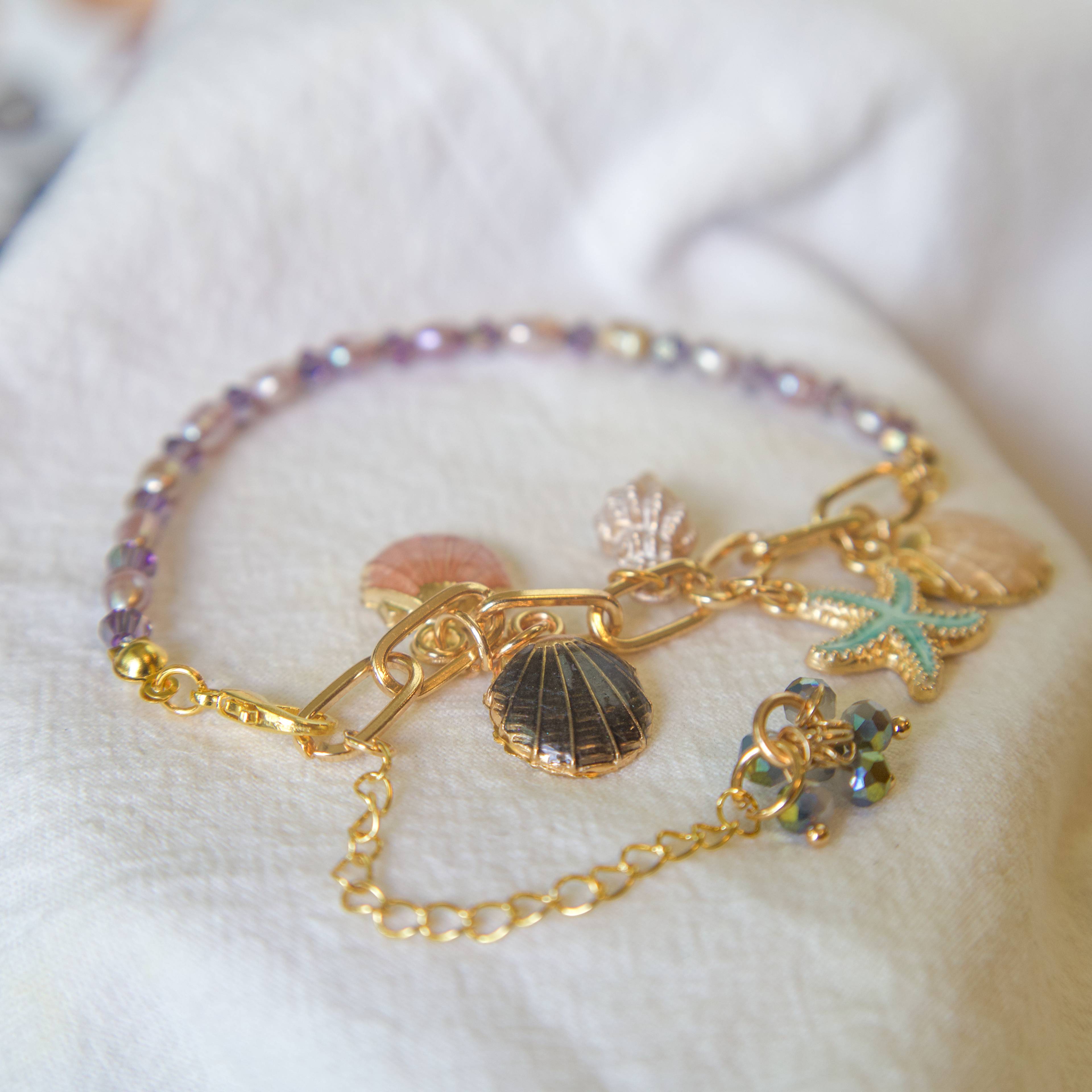 Lavender Crystal Ocean Charm Bracelet — Seashell & Starfish