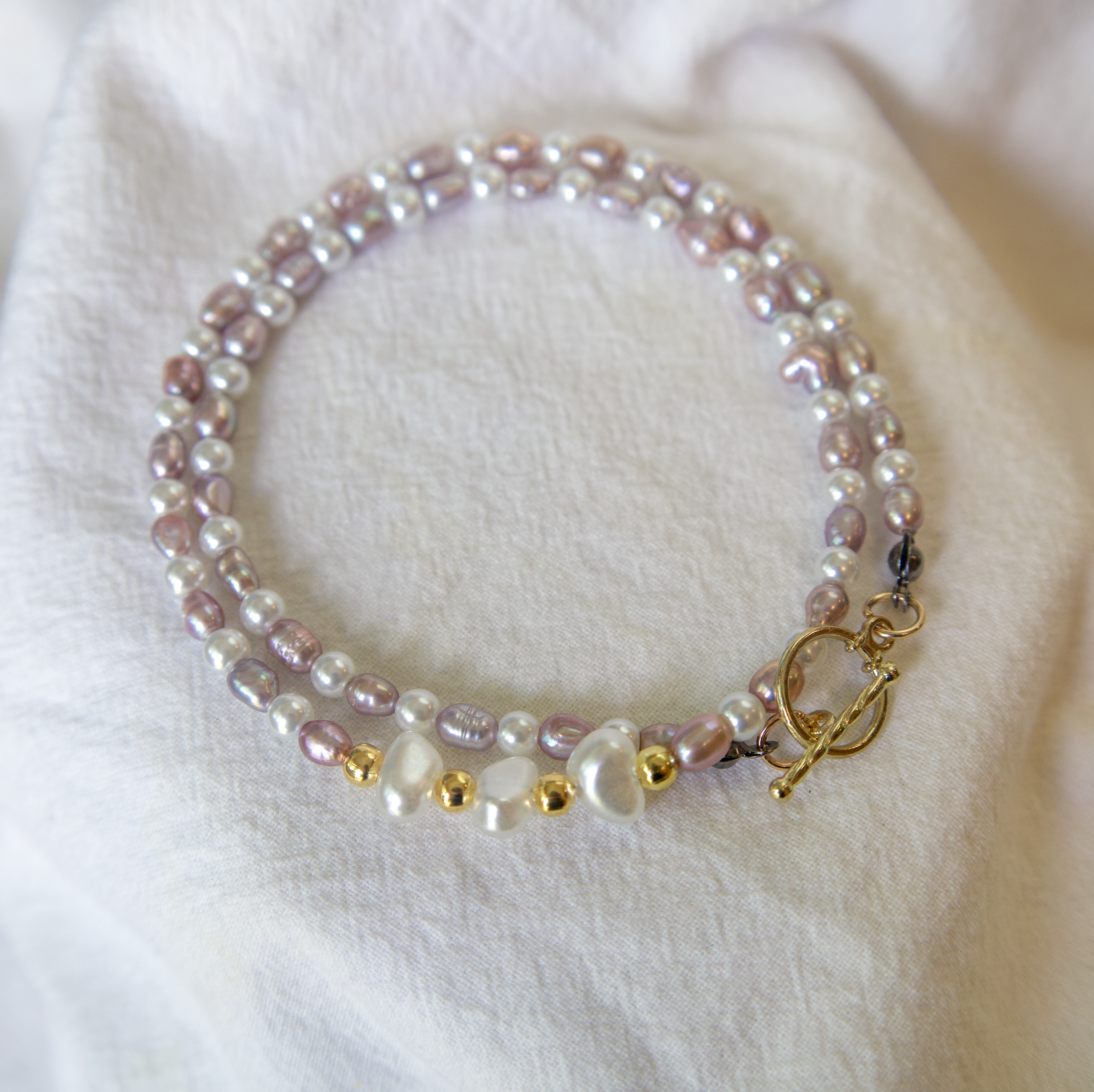 Baroque & Seed Pearl Double Bracelet with Gold Toggle